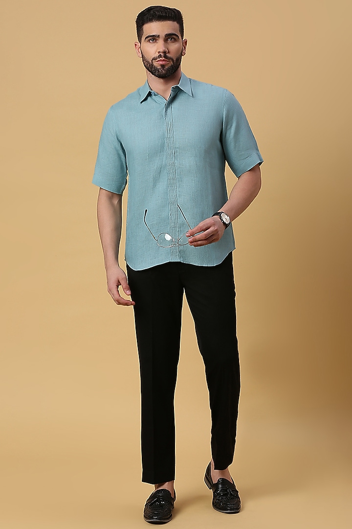 Aqua Linen Party Wear Shirt by DMODE at Pernia's Pop Up Shop
