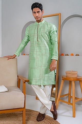 Mint Green Dupion Silk Geometric Threadwork Kurta Set by DMODE