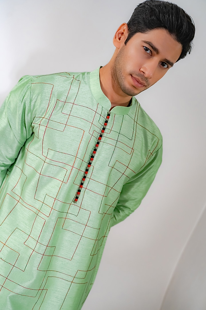 Mint Green Dupion Silk Geometric Threadwork Kurta Set by DMODE at Pernia's Pop Up Shop
