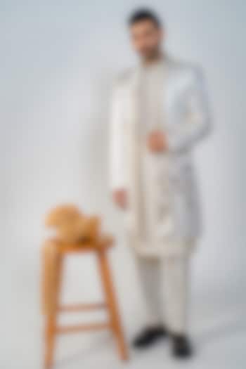 Ivory Suiting Textured Embroidered Open Groom Sherwani Set by DMODE at Pernia's Pop Up Shop