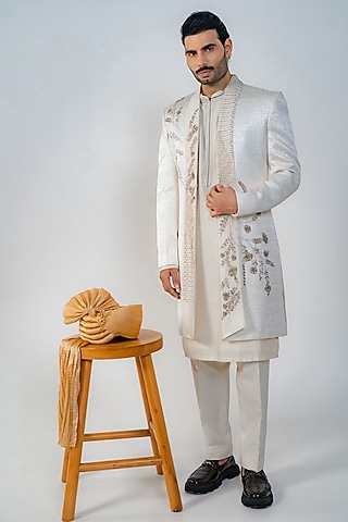 Ivory Suiting Textured Embroidered Open Sherwani Set by DMODE