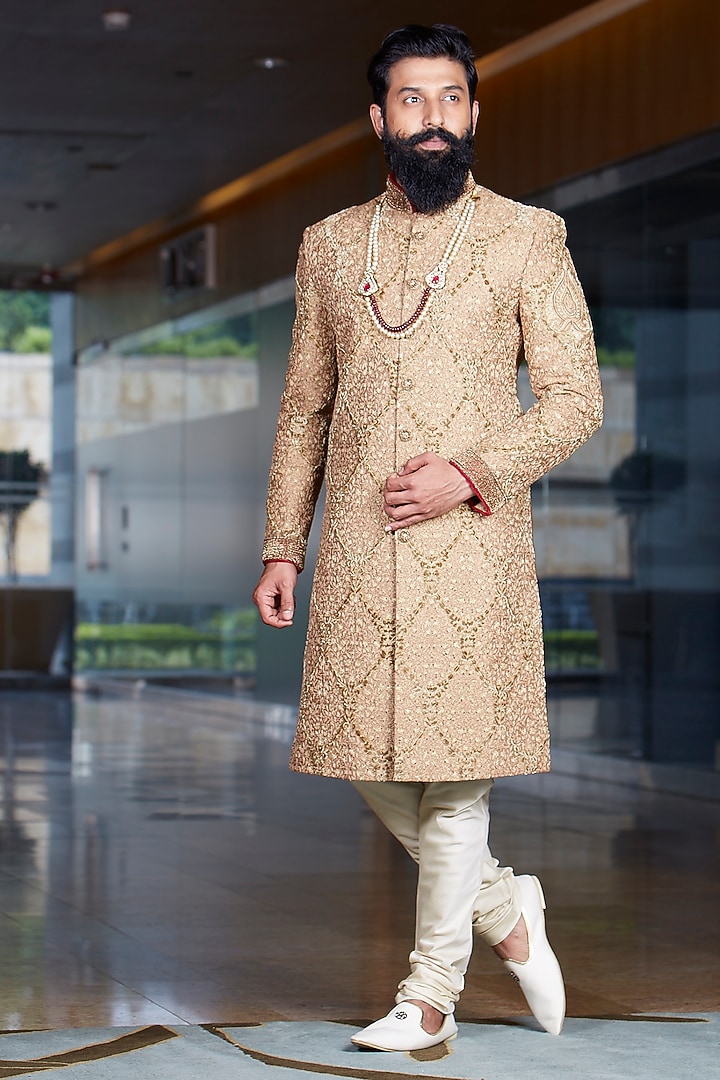 Royal Gold Raw Silk Embroidered Wedding Sherwani Set by DMODE at Pernia's Pop Up Shop