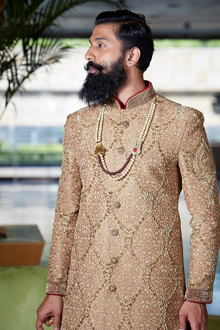 Royal Gold Raw Silk Embroidered Wedding Sherwani Set by DMODE at Pernia's Pop Up Shop