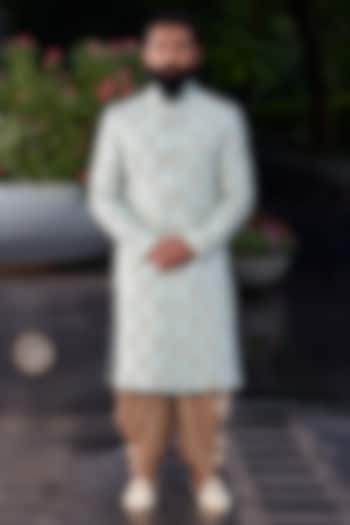 Sage Green Raw Silk Floral Motif Groom Sherwani Set by DMODE at Pernia's Pop Up Shop