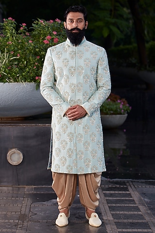 Sage Green Raw Silk Floral Motif Sherwani Set by DMODE
