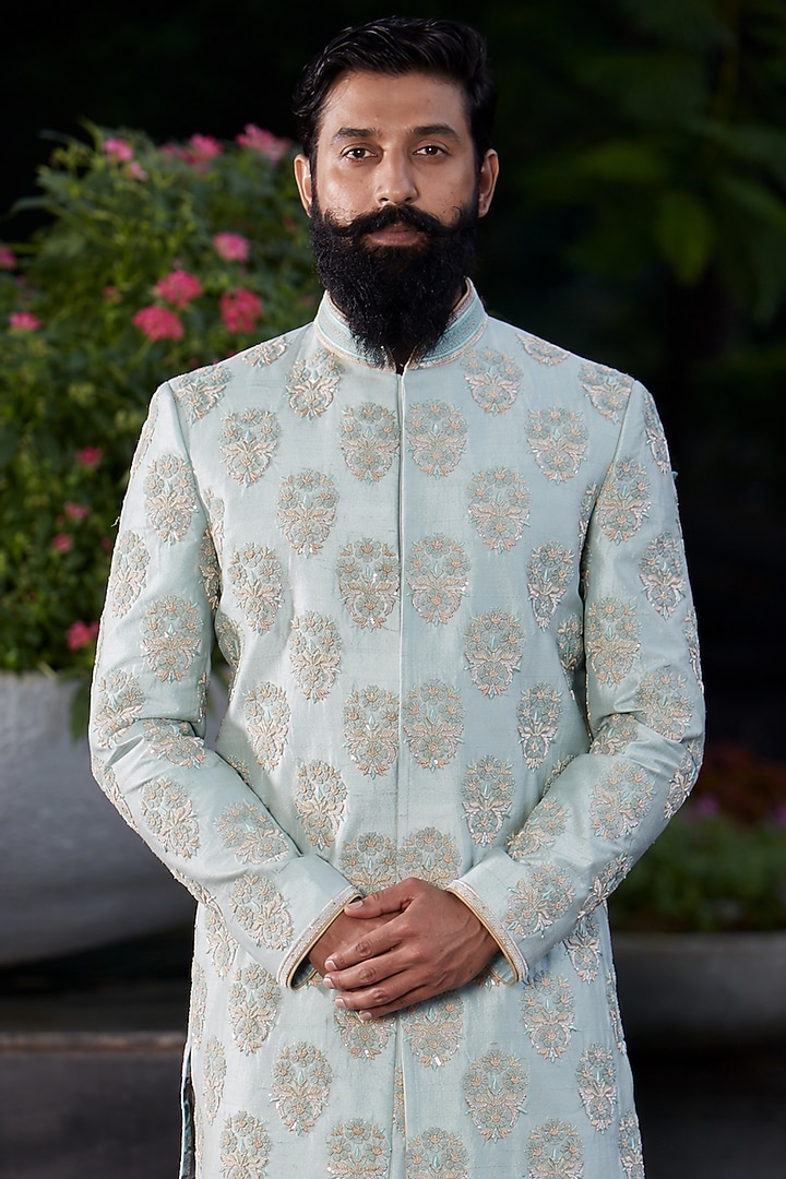 Sage Green Raw Silk Floral Motif Groom Sherwani Set by DMODE at Pernia's Pop Up Shop