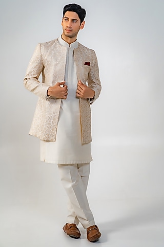 Gold & Ivory Brocade Open Jacket Set by DMODE