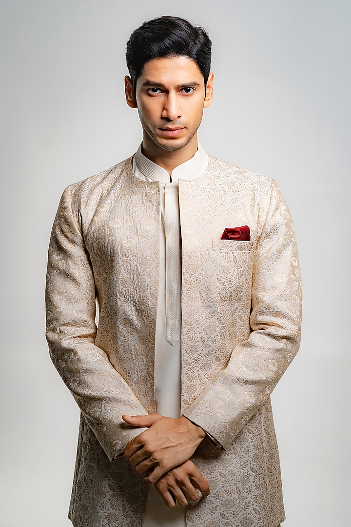 Gold & Ivory Brocade Open Jacket Set by DMODE at Pernia's Pop Up Shop