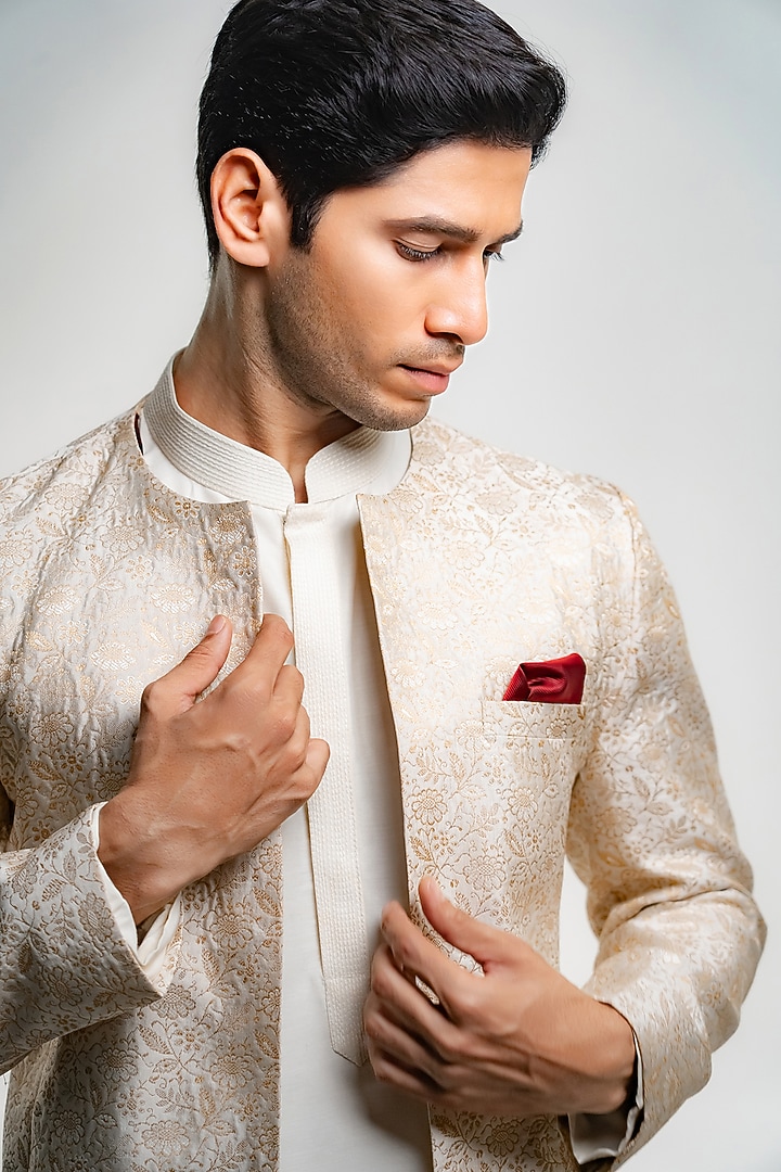 Gold & Ivory Brocade Open Jacket Set by DMODE at Pernia's Pop Up Shop