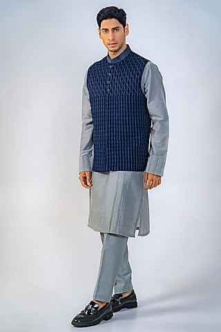 Navy Suiting Pintuck Bundi Jacket Set by DMODE