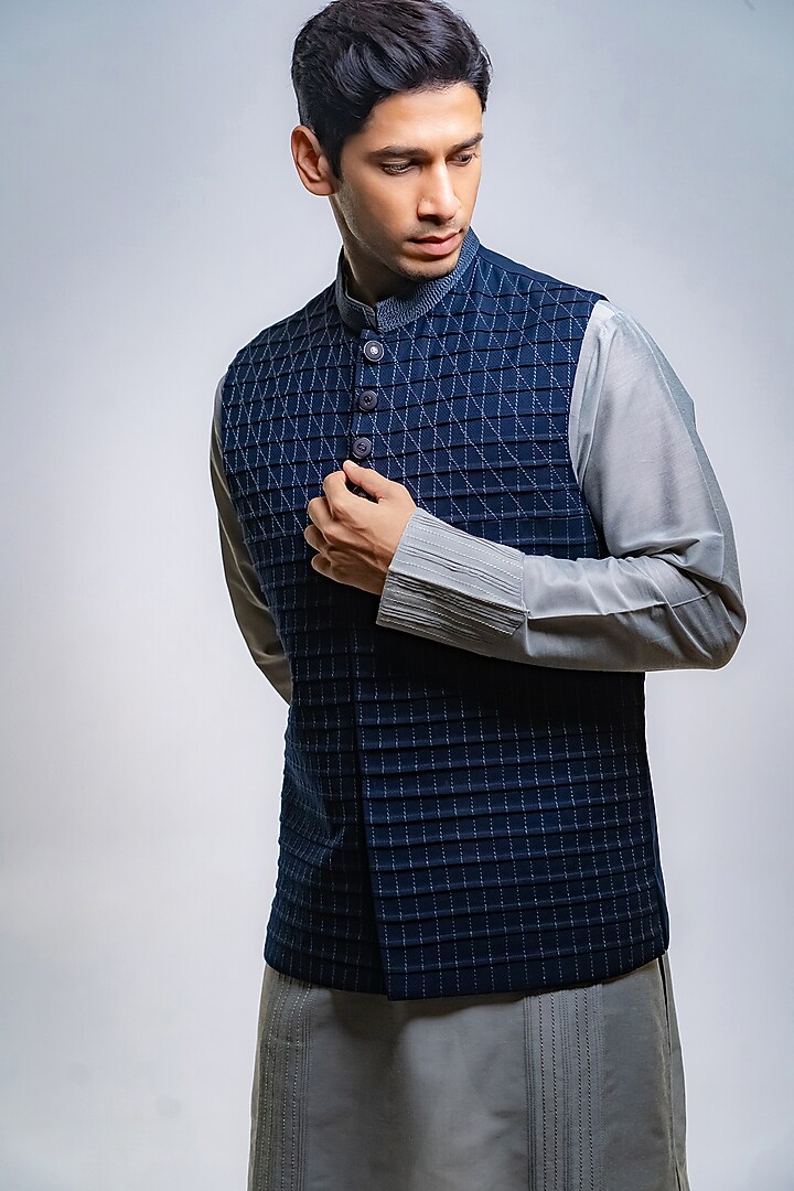 Navy Suiting Pintuck Bundi Jacket Set by DMODE at Pernia's Pop Up Shop