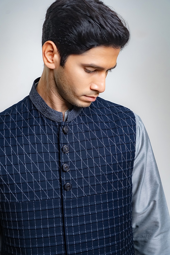 Navy Suiting Pintuck Bundi Jacket Set by DMODE at Pernia's Pop Up Shop