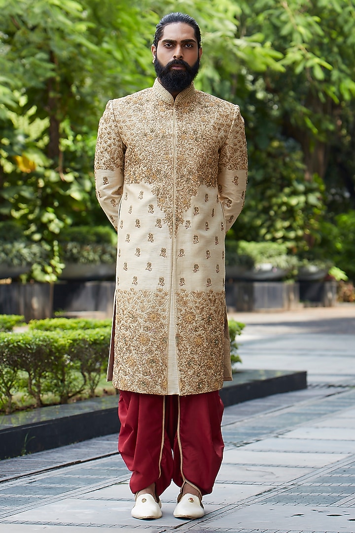 Gold Raw Silk Zardosi Wedding Sherwani Set by DMODE at Pernia's Pop Up Shop