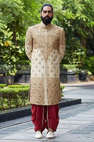 Gold Raw Silk Zardosi Sherwani Set by DMODE