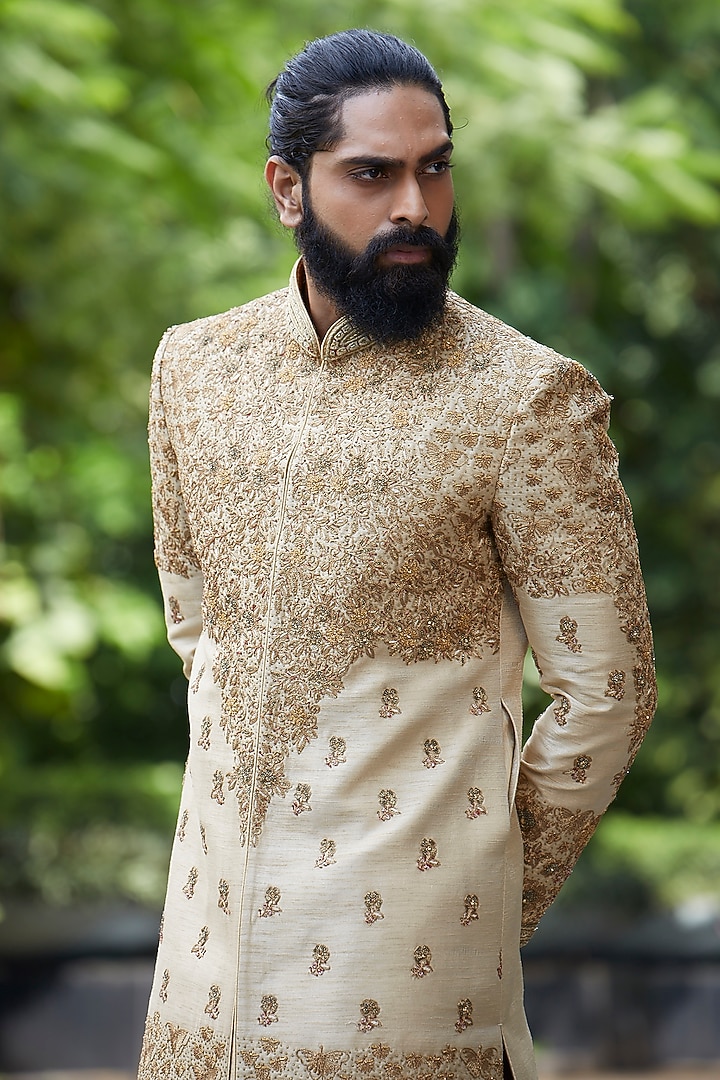Gold Raw Silk Zardosi Wedding Sherwani Set by DMODE at Pernia's Pop Up Shop