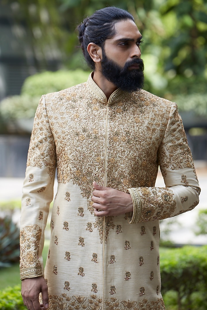 Gold Raw Silk Zardosi Wedding Sherwani Set by DMODE at Pernia's Pop Up Shop