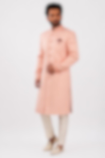Blush Pink Textured Jute Wedding Sherwani Set by DMODE at Pernia's Pop Up Shop