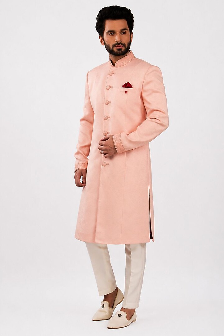 Blush Pink Textured Jute Wedding Sherwani Set by DMODE at Pernia's Pop Up Shop