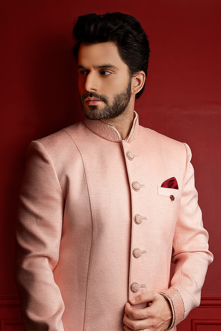Blush Pink Textured Jute Wedding Sherwani Set by DMODE at Pernia's Pop Up Shop