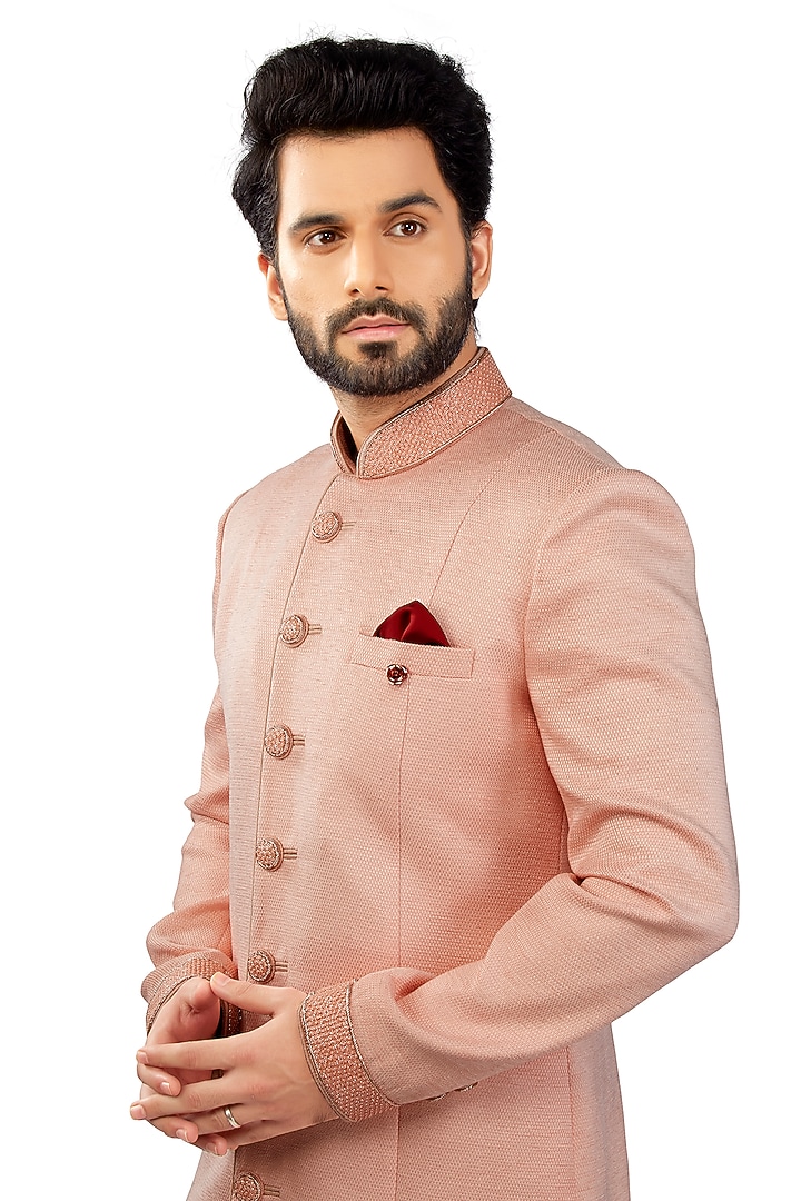 Blush Pink Textured Jute Wedding Sherwani Set by DMODE at Pernia's Pop Up Shop