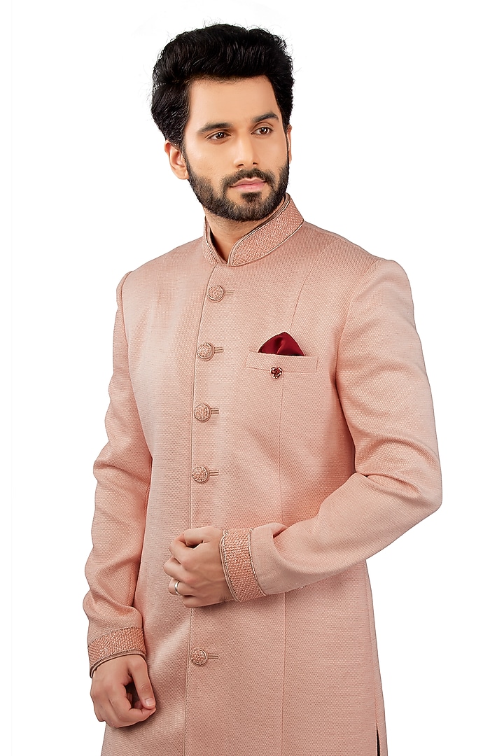 Blush Pink Textured Jute Wedding Sherwani Set by DMODE at Pernia's Pop Up Shop