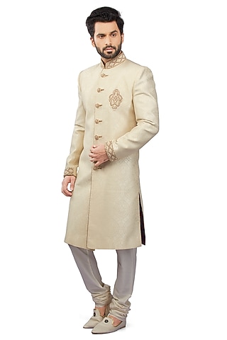 Cream Brocade French Knot Sherwani Set by DMODE