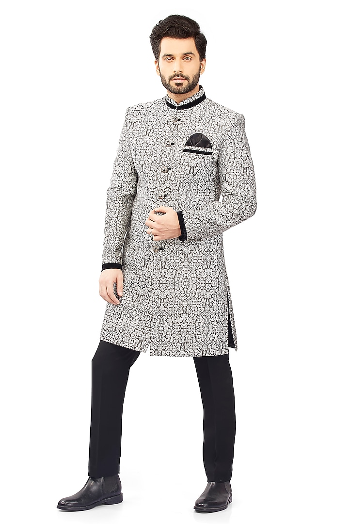 Black & Grey Brocade Wedding Indowestern Set by DMODE at Pernia's Pop Up Shop
