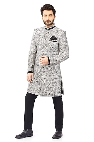 Black & Grey Brocade Indowestern Set by DMODE