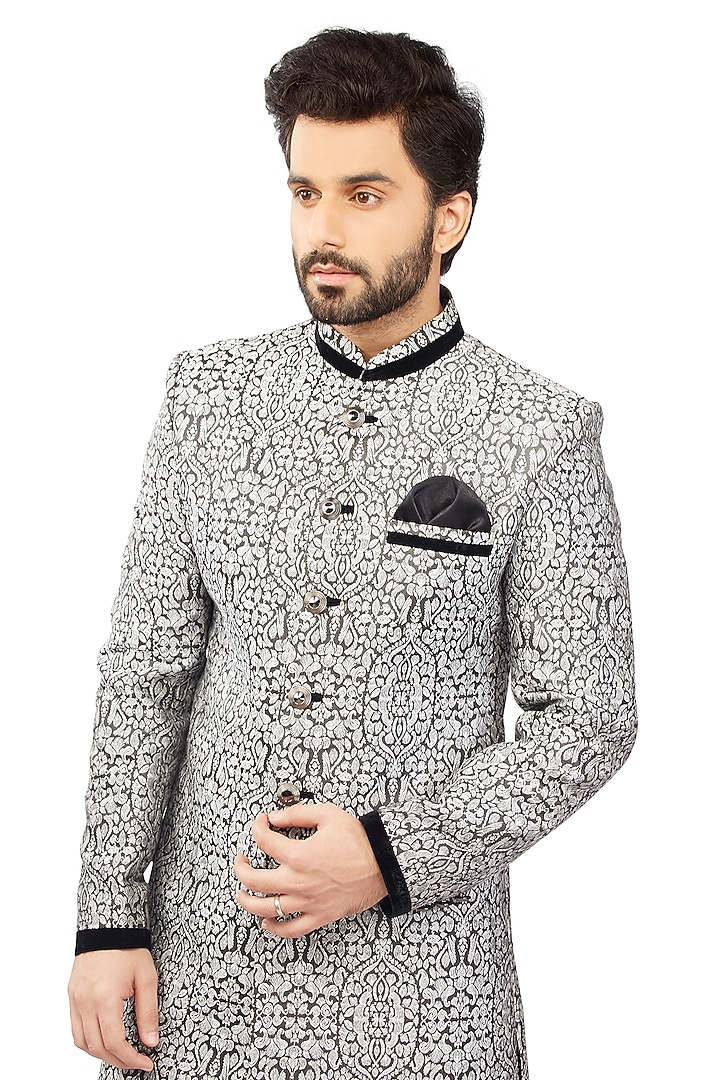 Black & Grey Brocade Wedding Indowestern Set by DMODE at Pernia's Pop Up Shop
