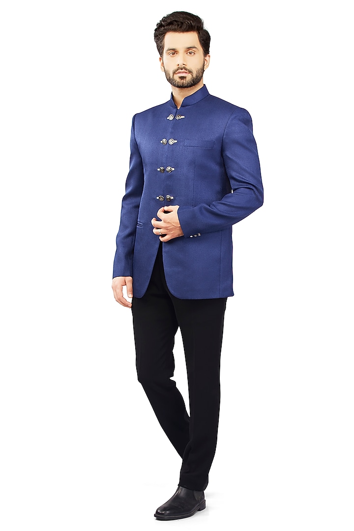 Royal Blue Jute Textured Wedding Bandhgala Set by DMODE at Pernia's Pop Up Shop
