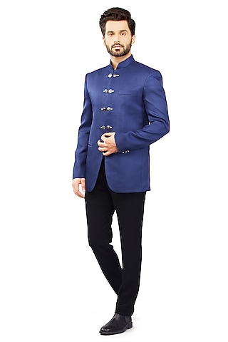 Royal Blue Jute Textured Bandhgala Set by DMODE