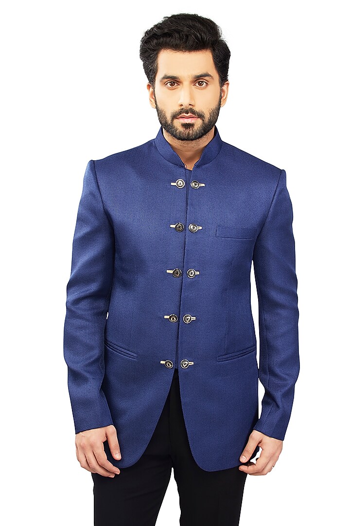 Royal Blue Jute Textured Wedding Bandhgala Set by DMODE at Pernia's Pop Up Shop