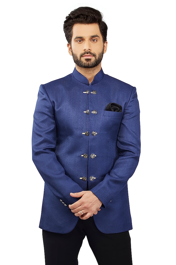 Royal Blue Jute Textured Wedding Bandhgala Set by DMODE at Pernia's Pop Up Shop