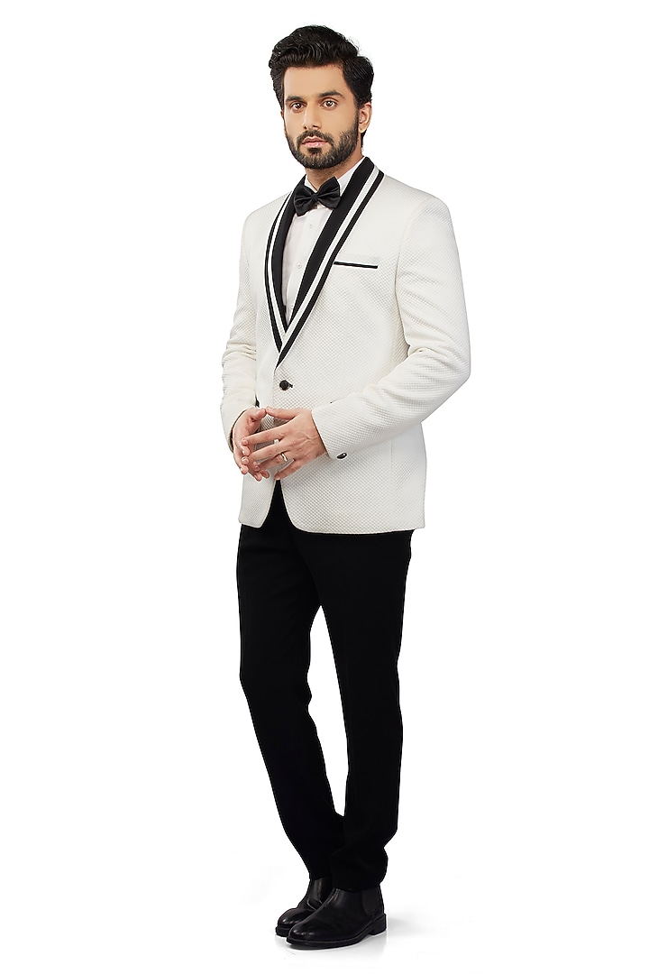 White Textured Suiting Tuxedo Set by DMODE at Pernia's Pop Up Shop