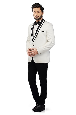White Textured Suiting Tuxedo Set by DMODE