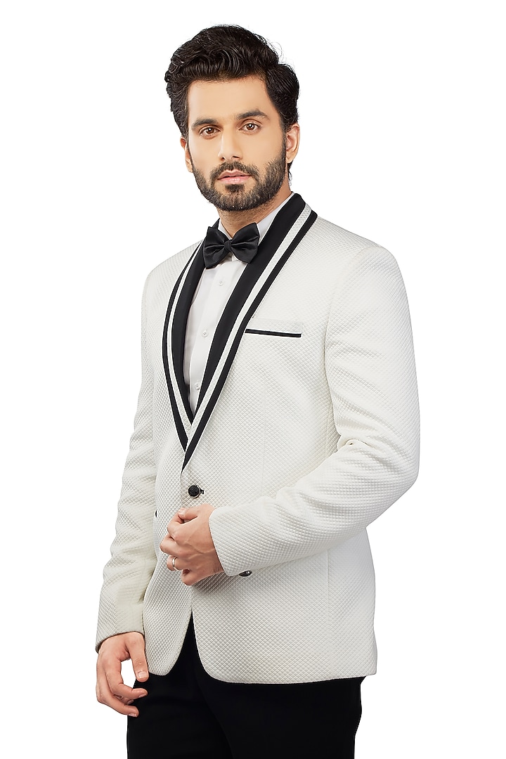 White Textured Suiting Tuxedo Set by DMODE at Pernia's Pop Up Shop