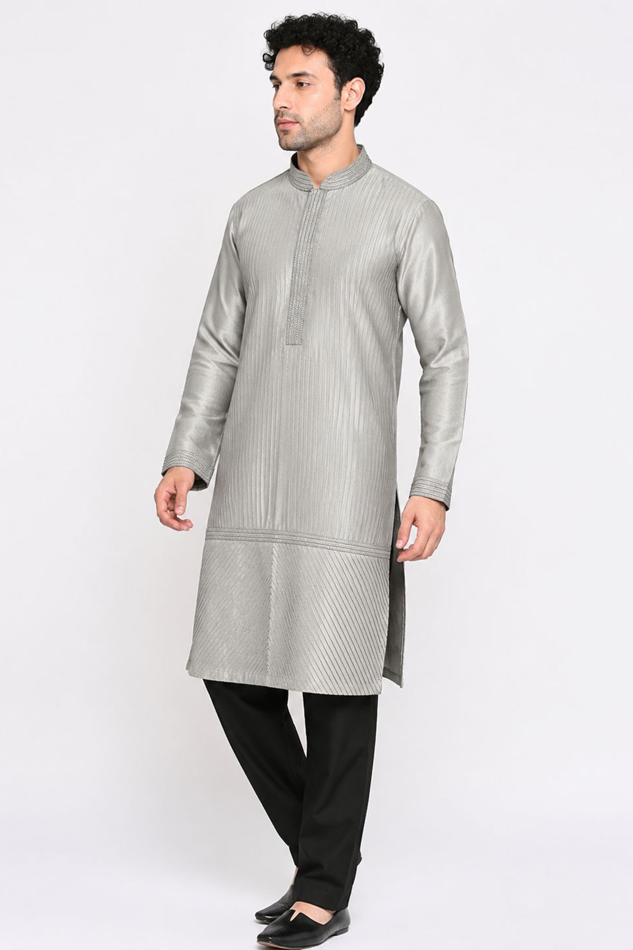DMODE Grey Dupion Silk Pintuck Kurta Set