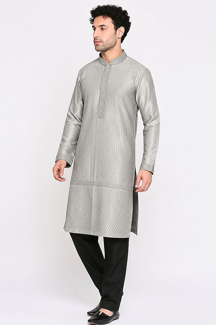 Grey Dupion Silk Pintuck Kurta Set by DMODE at Pernia's Pop Up Shop