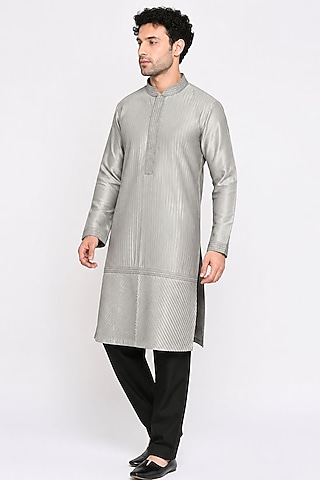 Grey Dupion Silk Pintuck Kurta Set by DMODE