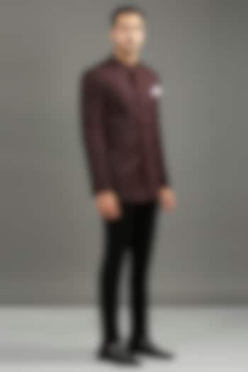 Wine-Colored Suiting Cutdana Hand Work Bandhgala Set by DMODE