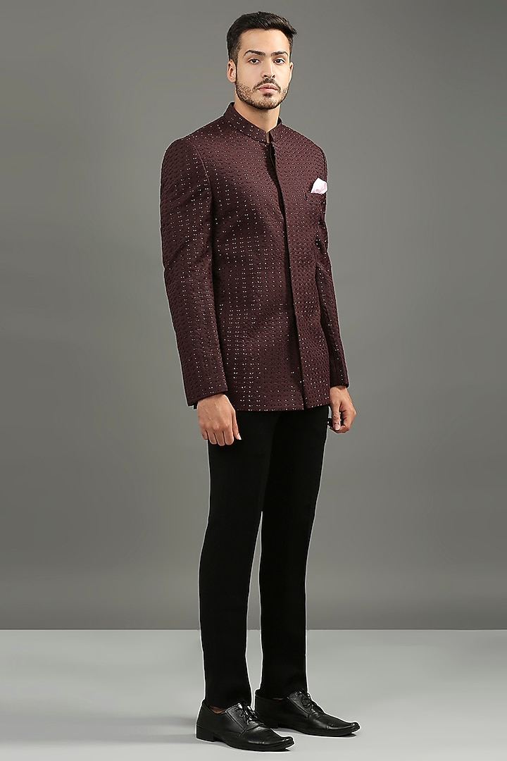 Wine-Colored Suiting Cutdana Hand Work Bandhgala Set by DMODE