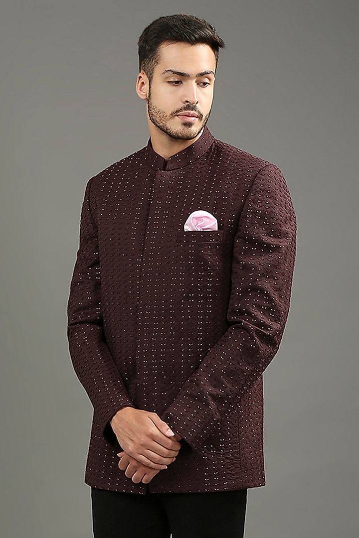 Wine-Colored Suiting Cutdana Hand Work Wedding Bandhgala Set by DMODE at Pernia's Pop Up Shop