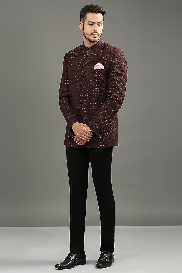 Wine-Colored Suiting Cutdana Hand Work Wedding Bandhgala Set by DMODE at Pernia's Pop Up Shop