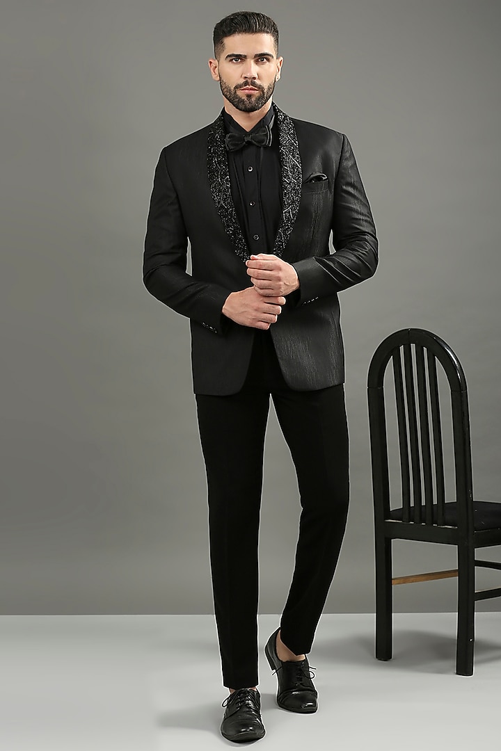 Black Suiting Embroidered Tuxedo Set by DMODE