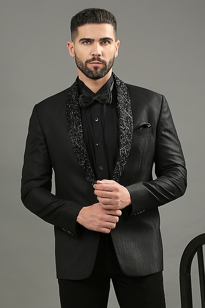 Black Suiting Embroidered Tuxedo Set by DMODE at Pernia's Pop Up Shop