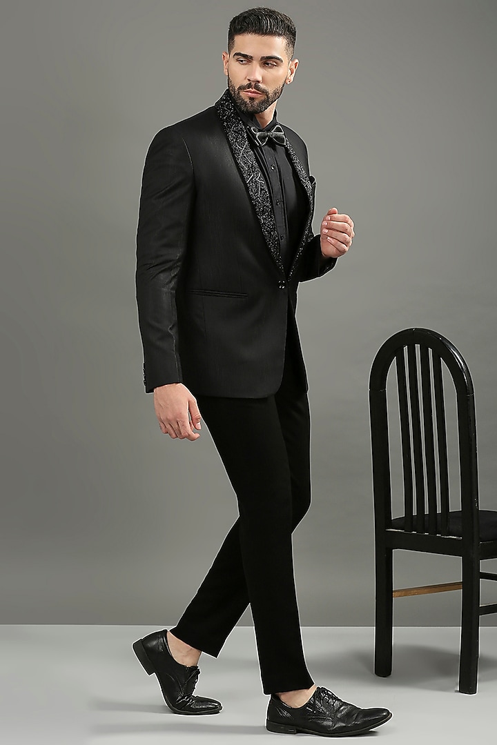 Black Suiting Embroidered Tuxedo Set by DMODE at Pernia's Pop Up Shop
