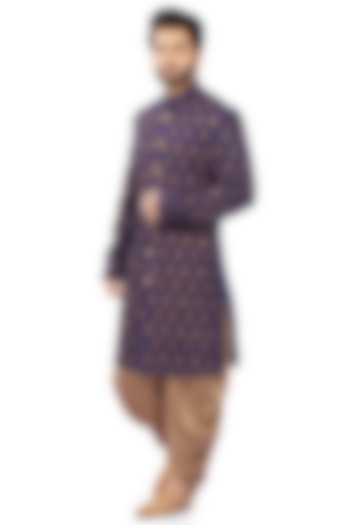 Royal Blue Raw Silk Embroidered Sherwani Set by DMODE
