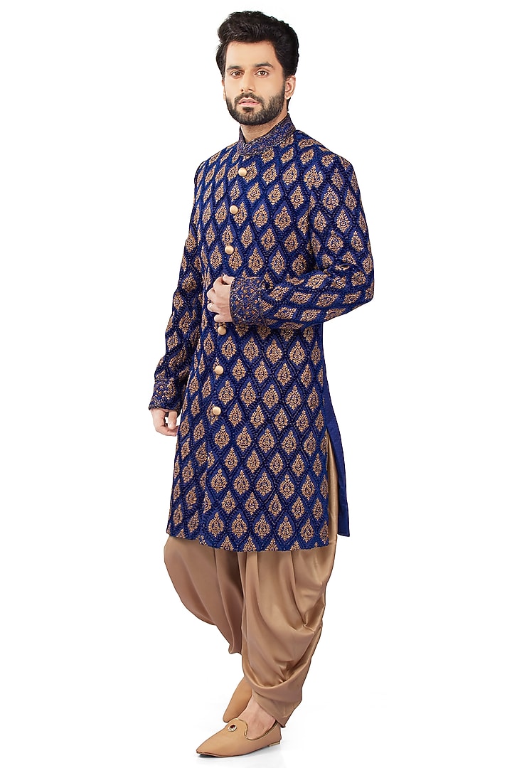 Royal Blue Raw Silk Embroidered Sherwani Set by DMODE