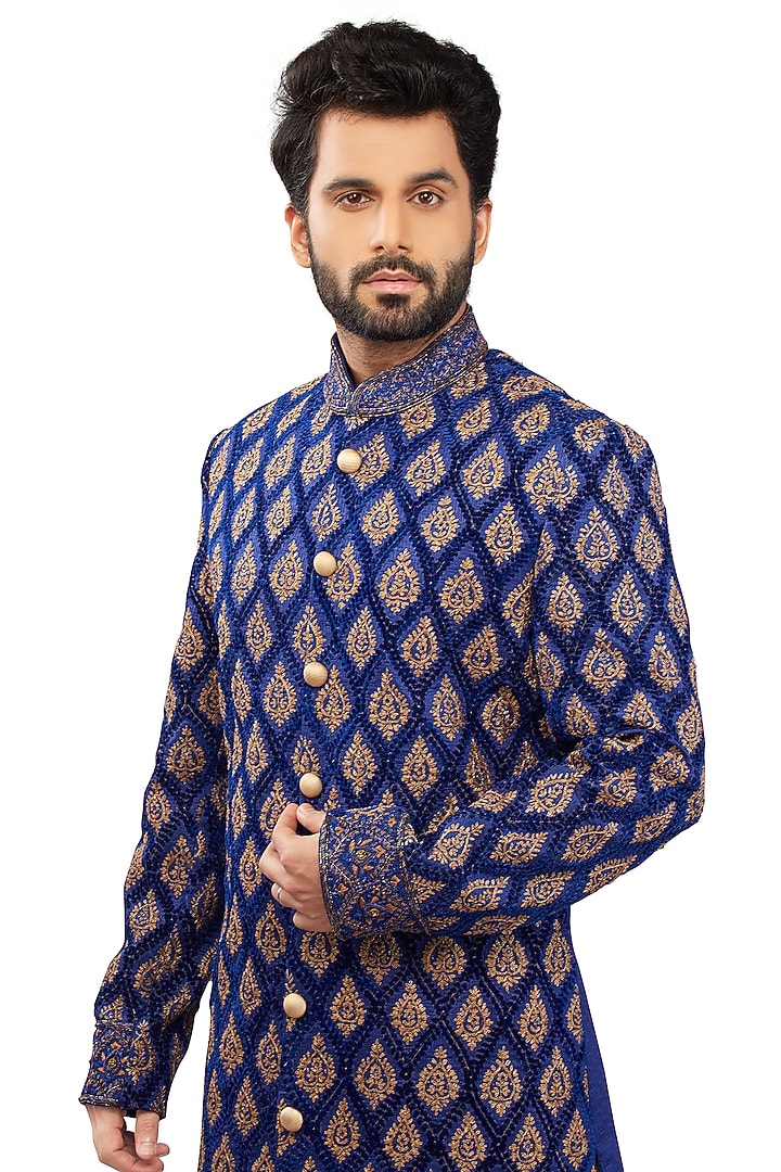 Royal Blue Raw Silk Embroidered Groom Sherwani Set by DMODE at Pernia's Pop Up Shop