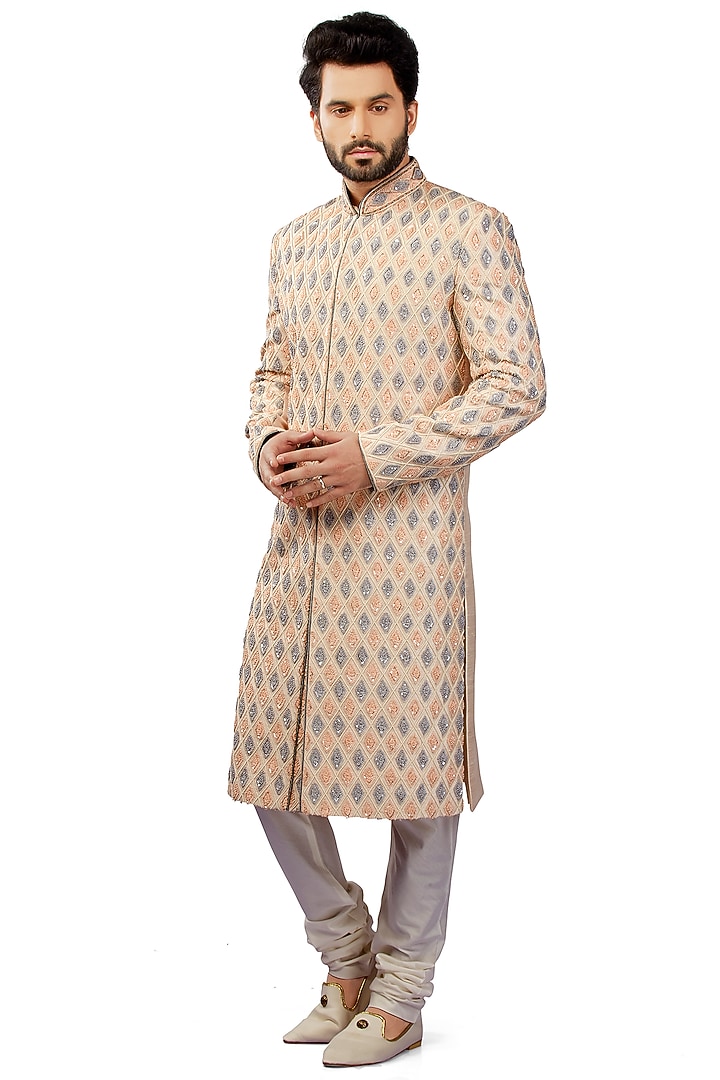 Blush Pink Silk Sequin Embroidered Sherwani Set by DMODE